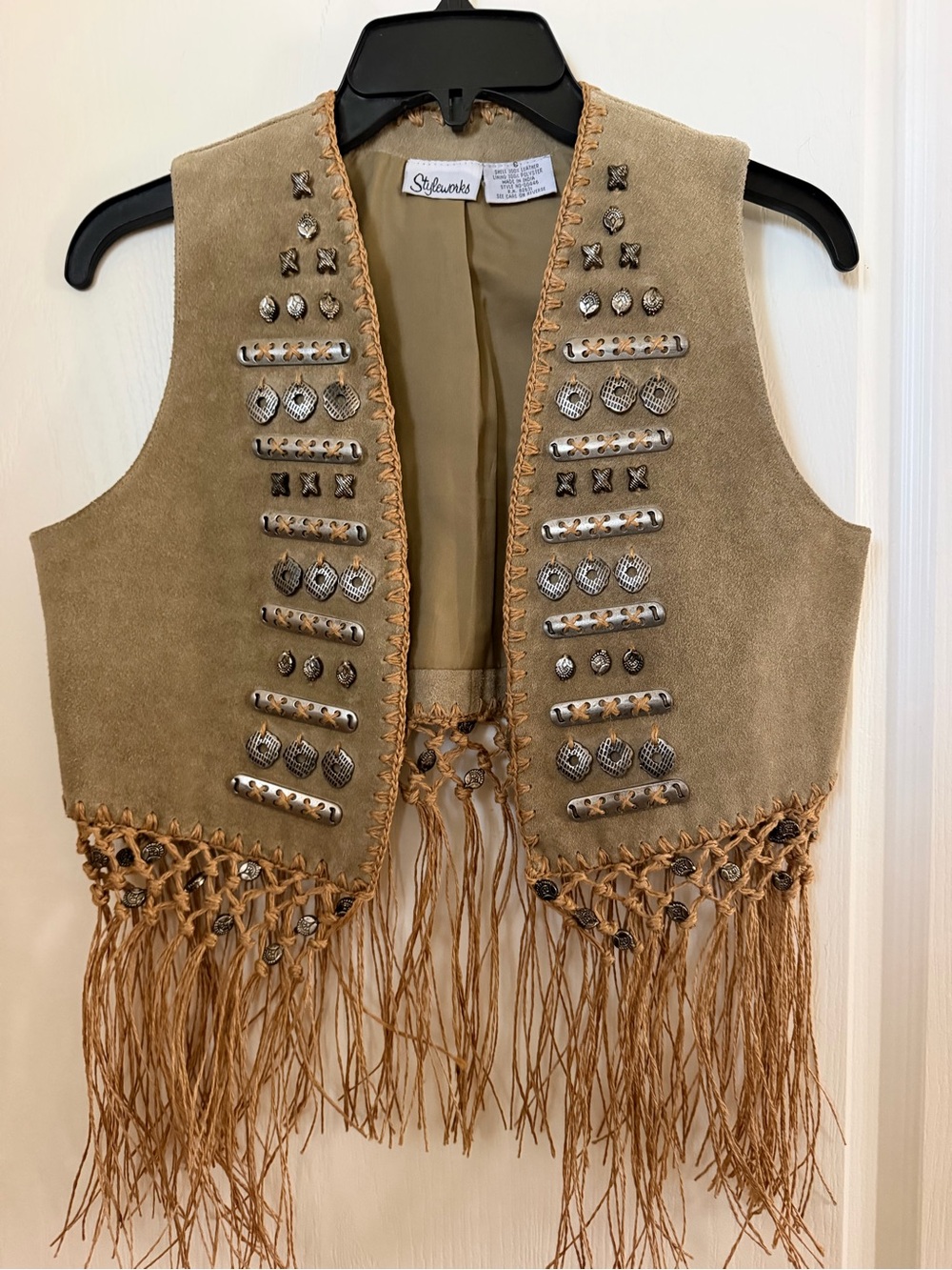 Vintage 90’s Style Works Suede Vest Embellished w/Macrame, Fringe, Metal Beads